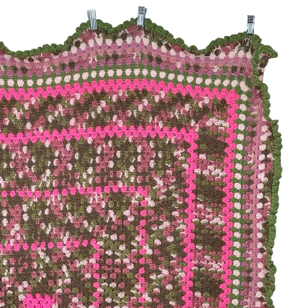 *Beautiful Hand Made Crocheted Blanket/Throw in Greens and Pinks.